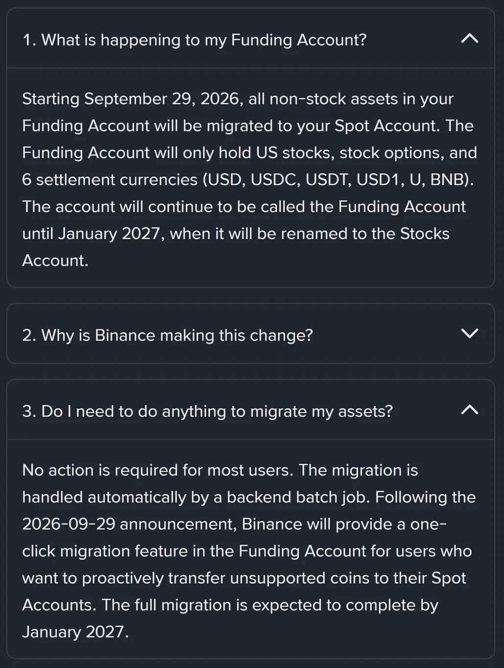 Binance-ის დახმარების გვერდის პირველი და მესამე კითხვა გახსნილი პასუხებით: 29 სექტემბრიდან არა-საფონდო აქტივები Funding-იდან Spot-ზე გადადის, მიგრაცია ავტომატურია და დასრულდება 2027 წლის იანვრისთვის