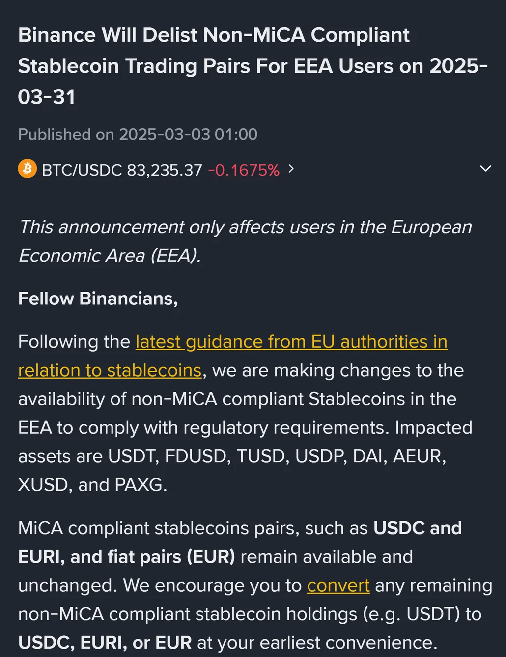 Ogłoszenie Binance z 3 marca 2025 r. o wycofaniu par ze stablecoinami niezgodnymi z MiCA dla użytkowników EOG, z listą USDT, FDUSD, TUSD, USDP, DAI, AEUR, XUSD i PAXG