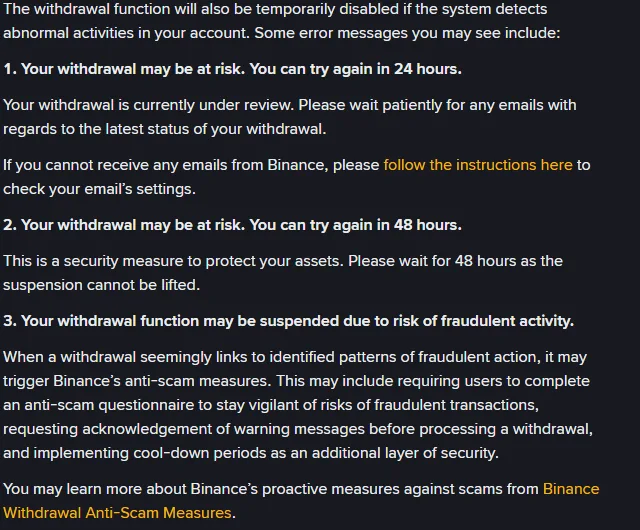 Trzy komunikaty błędu wypłaty na stronie pomocy Binance: ponowna próba za 24 godziny z wypłatą w trakcie weryfikacji, ponowna próba za 48 godzin bez możliwości anulowania zawieszenia oraz zawieszenie z powodu ryzyka oszustwa z kwestionariuszem antyfraudowym i okresami przerwy