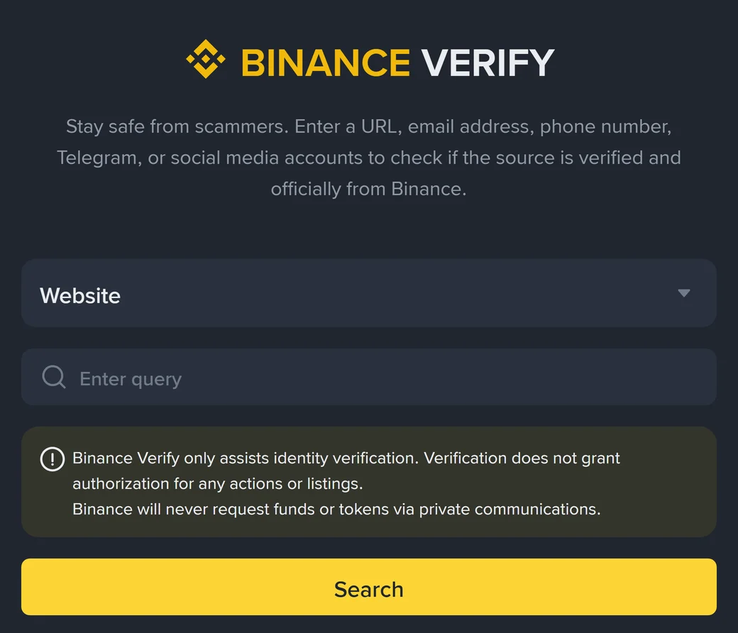 Strona Binance Verify: lista rodzaju danych do sprawdzenia, pole wyszukiwania i ostrzeżenie, że weryfikacja nie nadaje żadnych uprawnień, a Binance nigdy nie prosi o środki w prywatnej korespondencji